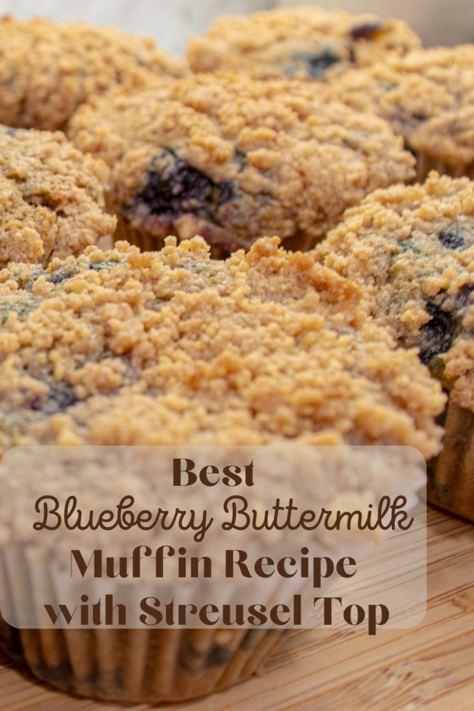 Best blueberry buttermilk muffin with streusel top close-up with text 